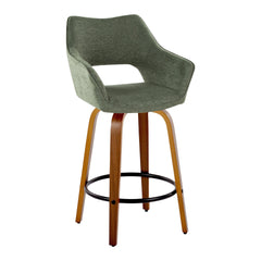 Mustang 26" Contemporary Fixed-Height Counter Stool with Swivel in Walnut Wood and Green Fabric with Round Black Metal Footrest by LumiSource - Set of 2