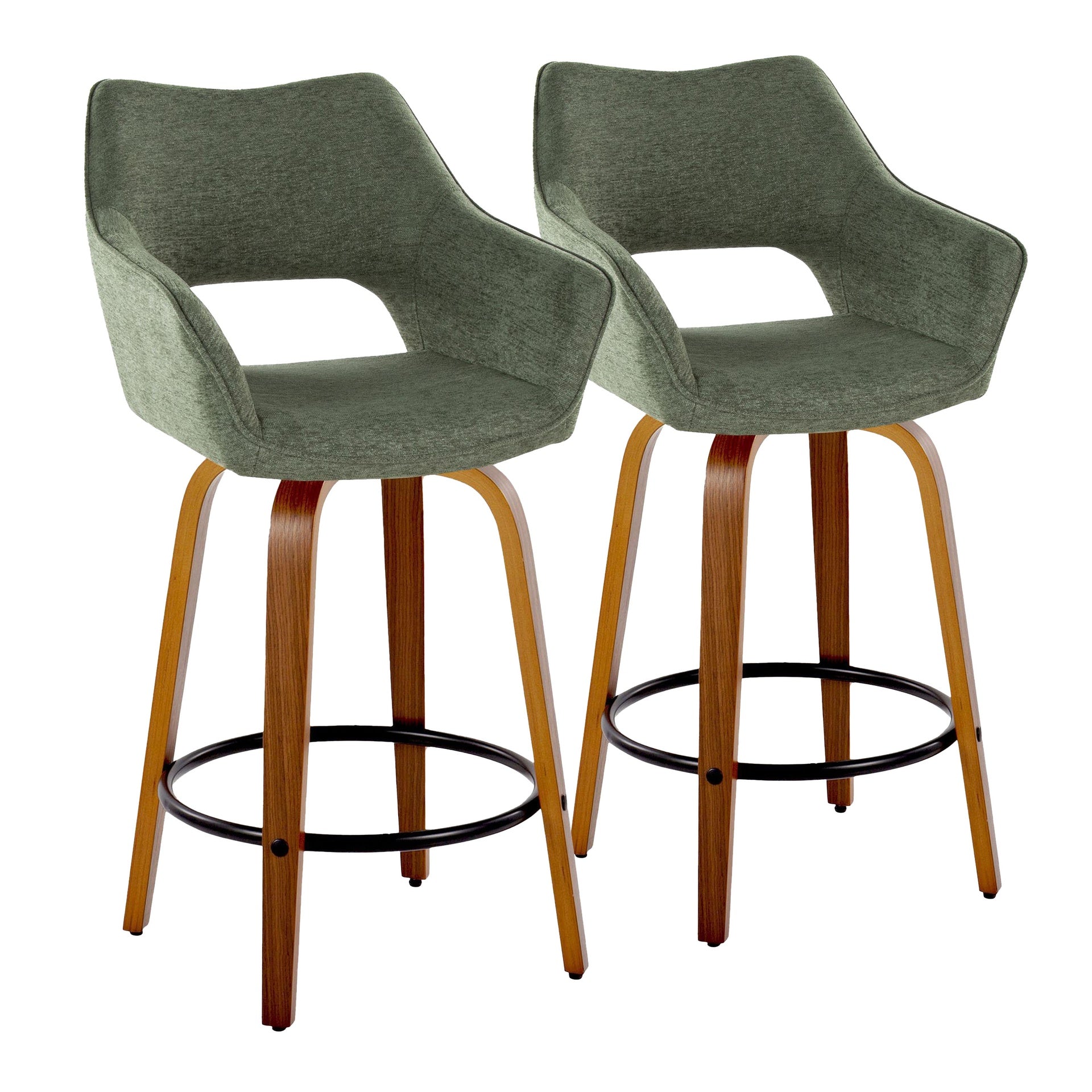 Mustang 26" Contemporary Fixed-Height Counter Stool with Swivel in Walnut Wood and Green Fabric with Round Black Metal Footrest by LumiSource - Set of 2