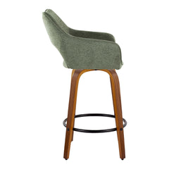 Mustang 26" Contemporary Fixed-Height Counter Stool with Swivel in Walnut Wood and Green Fabric with Round Black Metal Footrest by LumiSource - Set of 2