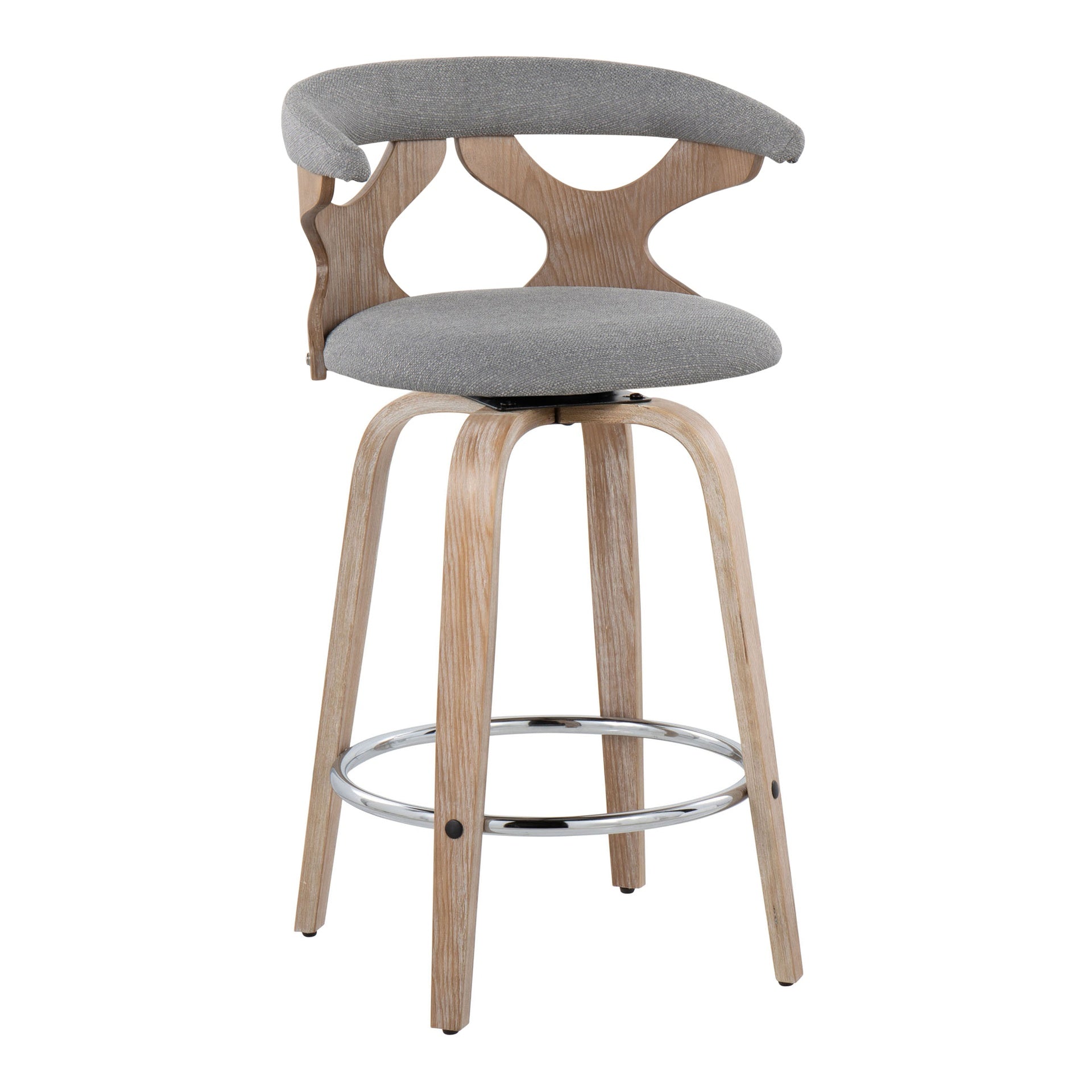 Gardenia 26" Contemporary Fixed-Height Counter Stool with Swivel in White Washed Wood and Grey Fabric with Round Chrome Metal Footrest by LumiSource - Set of 2