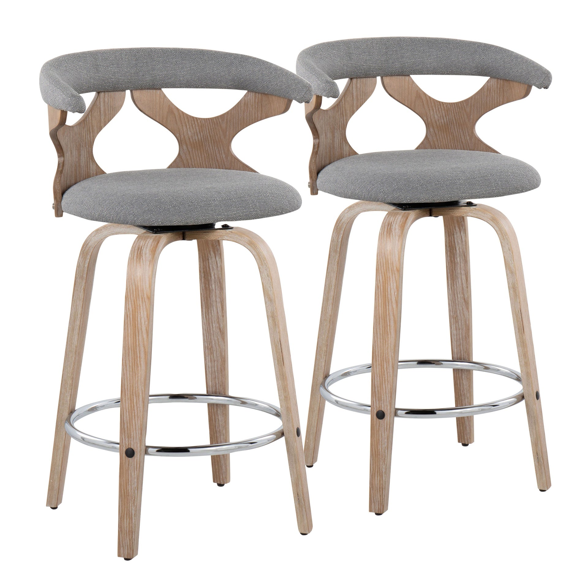 Gardenia 26" Contemporary Fixed-Height Counter Stool with Swivel in White Washed Wood and Grey Fabric with Round Chrome Metal Footrest by LumiSource - Set of 2