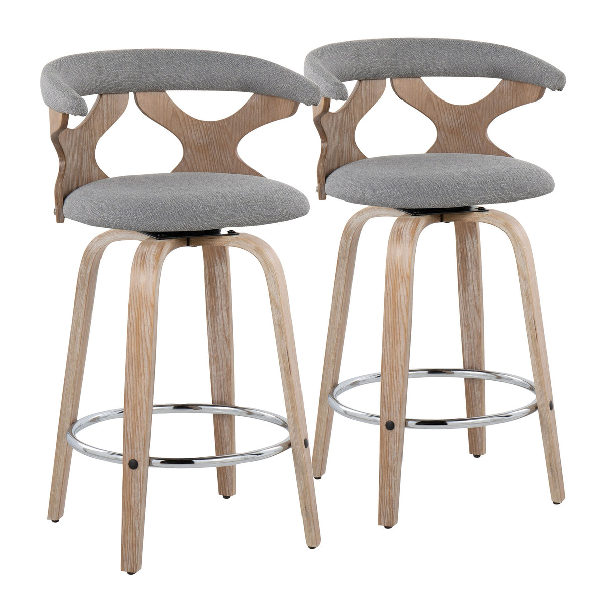 Gardenia 26" Contemporary Fixed-Height Counter Stool with Swivel in White Washed Wood and Grey Fabric with Round Chrome Metal Footrest by LumiSource - Set of 2