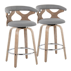 Gardenia 26" Contemporary Fixed-Height Counter Stool with Swivel in White Washed Wood and Grey Fabric with Round Chrome Metal Footrest by LumiSource - Set of 2