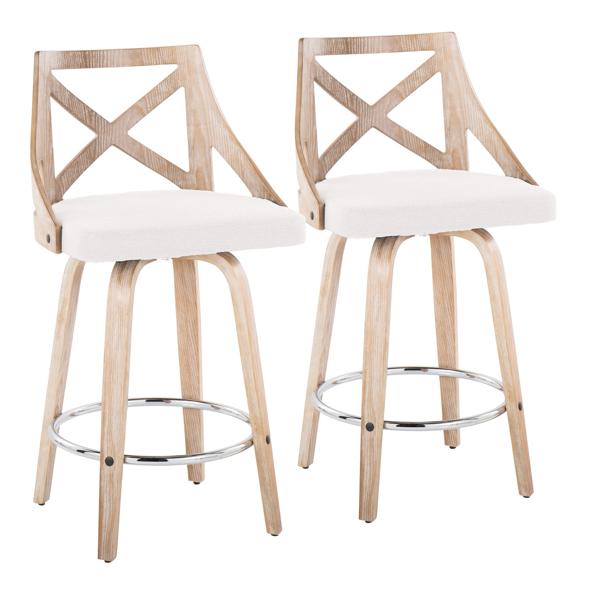 Charlotte 26" Farmhouse Fixed-Height Counter Stool with Swivel in White Washed Wood, Cream Fabric and Round Chrome Metal Footrest by LumiSource - Set of 2