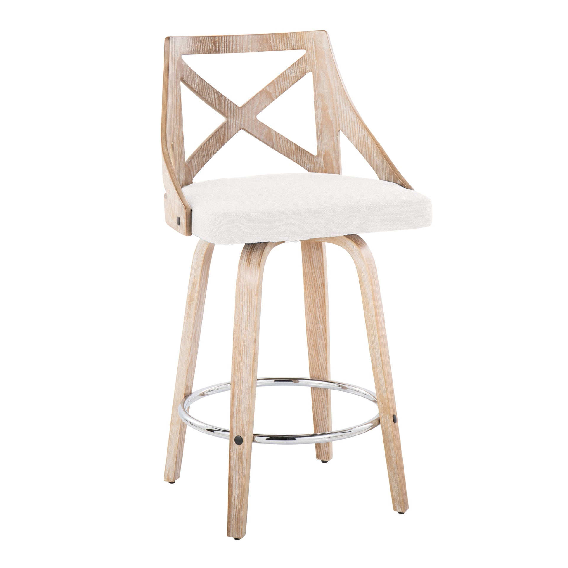 Charlotte 26" Farmhouse Fixed-Height Counter Stool with Swivel in White Washed Wood, Cream Fabric and Round Chrome Metal Footrest by LumiSource - Set of 2