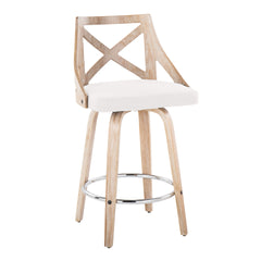 Charlotte 26" Farmhouse Fixed-Height Counter Stool with Swivel in White Washed Wood, Cream Fabric and Round Chrome Metal Footrest by LumiSource - Set of 2
