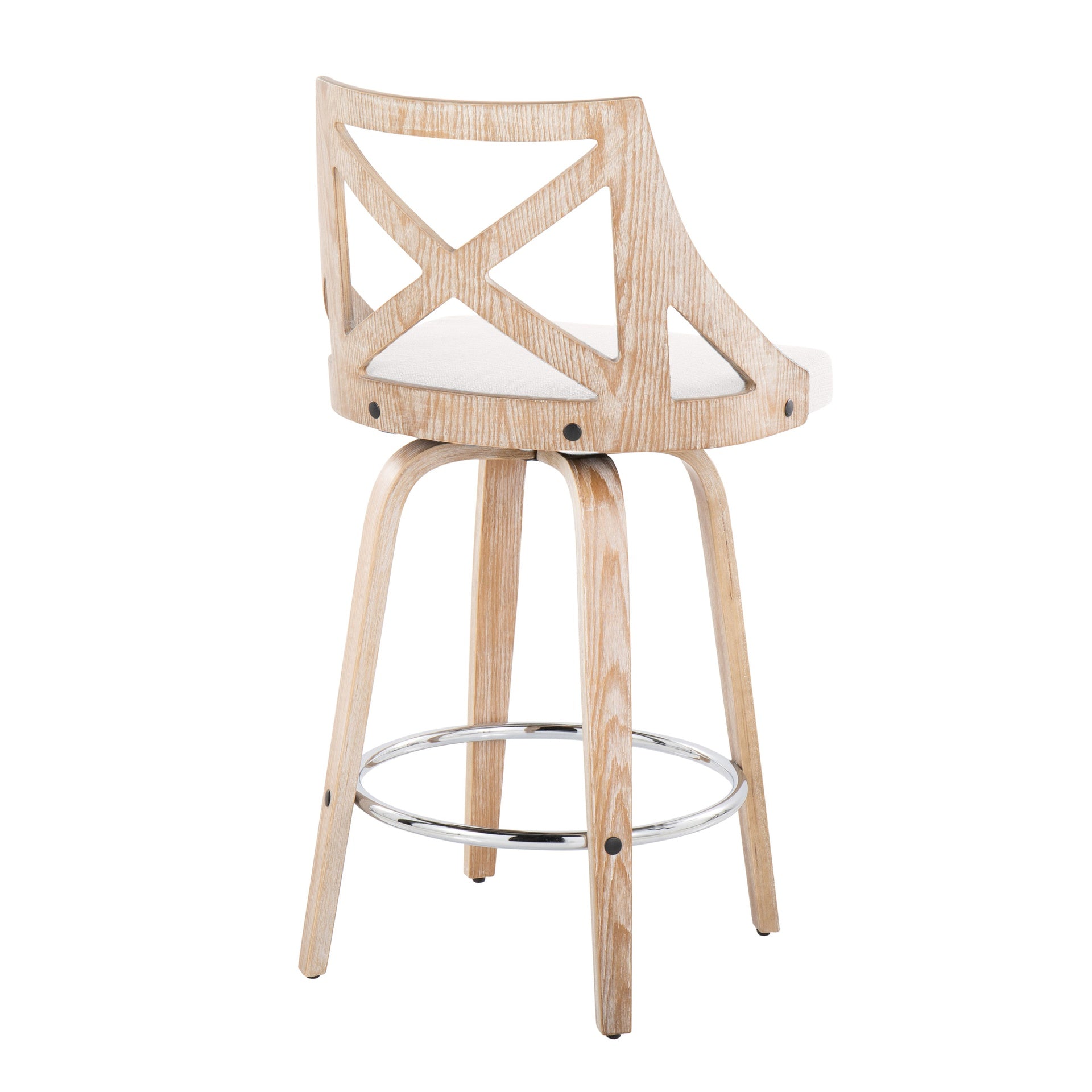 Charlotte 26" Farmhouse Fixed-Height Counter Stool with Swivel in White Washed Wood, Cream Fabric and Round Chrome Metal Footrest by LumiSource - Set of 2