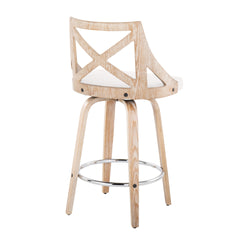Charlotte 26" Farmhouse Fixed-Height Counter Stool with Swivel in White Washed Wood, Cream Fabric and Round Chrome Metal Footrest by LumiSource - Set of 2