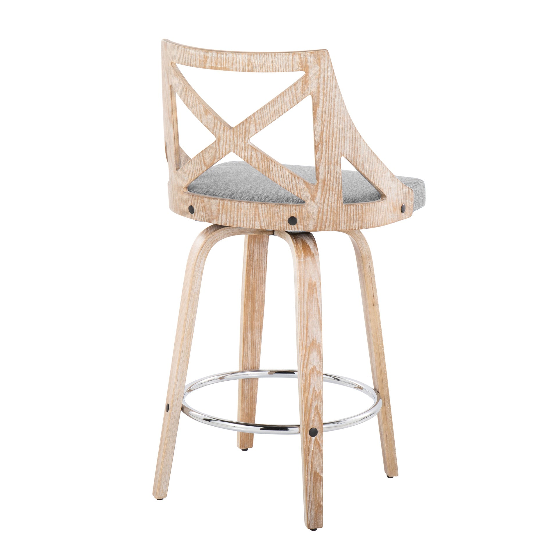Charlotte 26" Farmhouse Fixed-Height Counter Stool with Swivel in White Washed Wood, Light Grey Fabric with Round Chrome Metal Footrest by LumiSource - Set of 2
