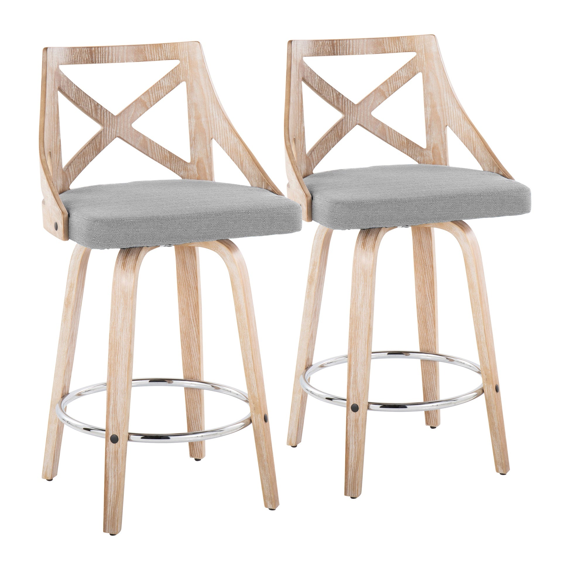 Charlotte 26" Farmhouse Fixed-Height Counter Stool with Swivel in White Washed Wood, Light Grey Fabric with Round Chrome Metal Footrest by LumiSource - Set of 2