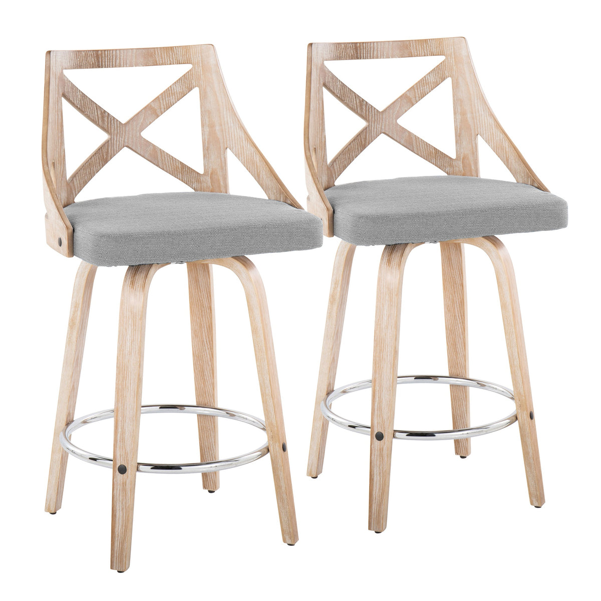 Charlotte 26" Farmhouse Fixed-Height Counter Stool with Swivel in White Washed Wood, Light Grey Fabric with Round Chrome Metal Footrest by LumiSource - Set of 2