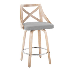 Charlotte 26" Farmhouse Fixed-Height Counter Stool with Swivel in White Washed Wood, Light Grey Fabric with Round Chrome Metal Footrest by LumiSource - Set of 2