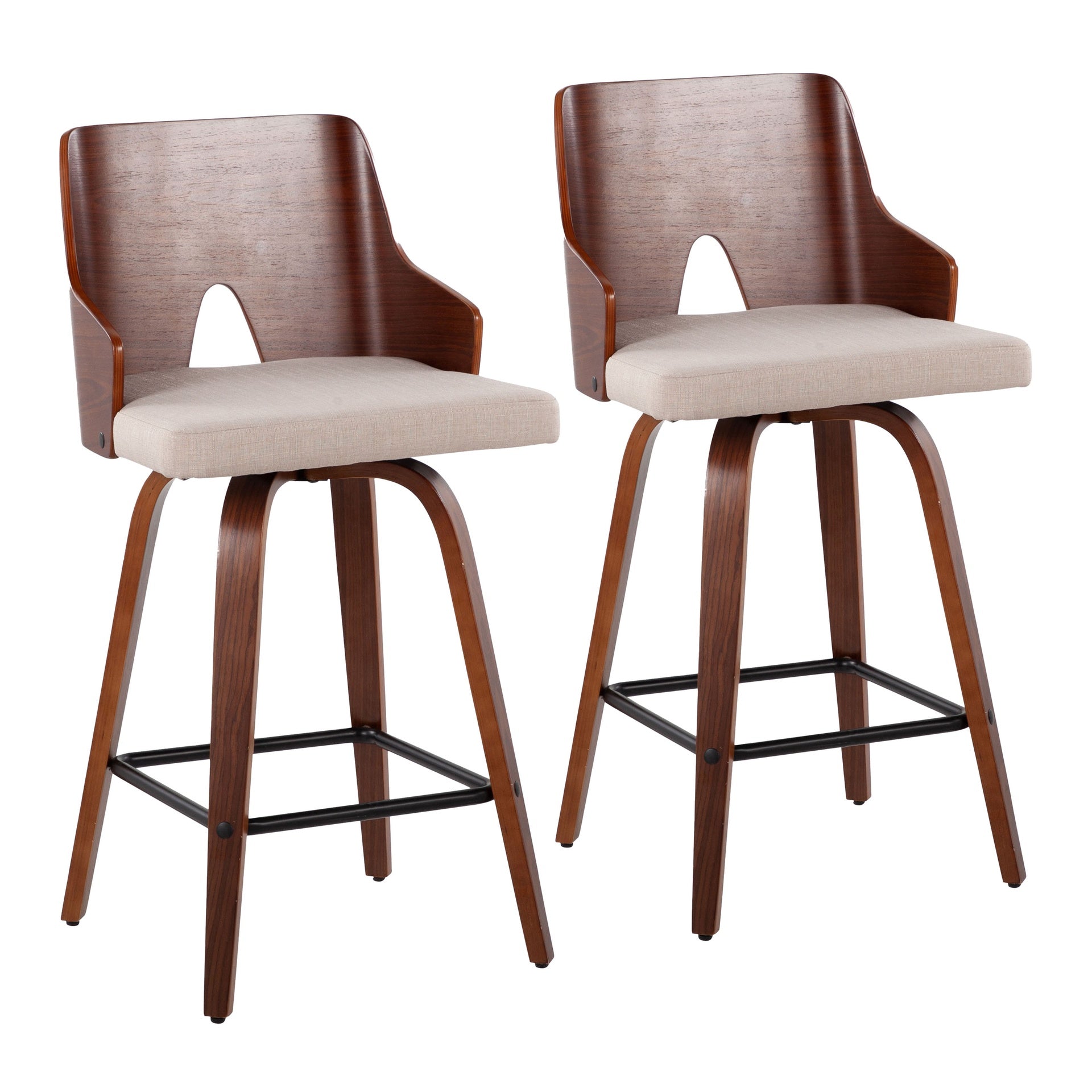 Ariana 26" Mid-Century Modern Counter Stool in Walnut and Beige Fabric by LumiSource - Set of 2