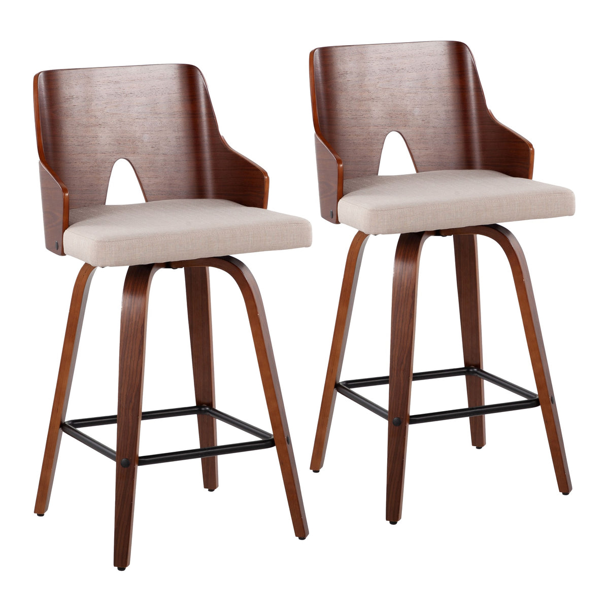 Ariana 26" Mid-Century Modern Counter Stool in Walnut and Beige Fabric by LumiSource - Set of 2