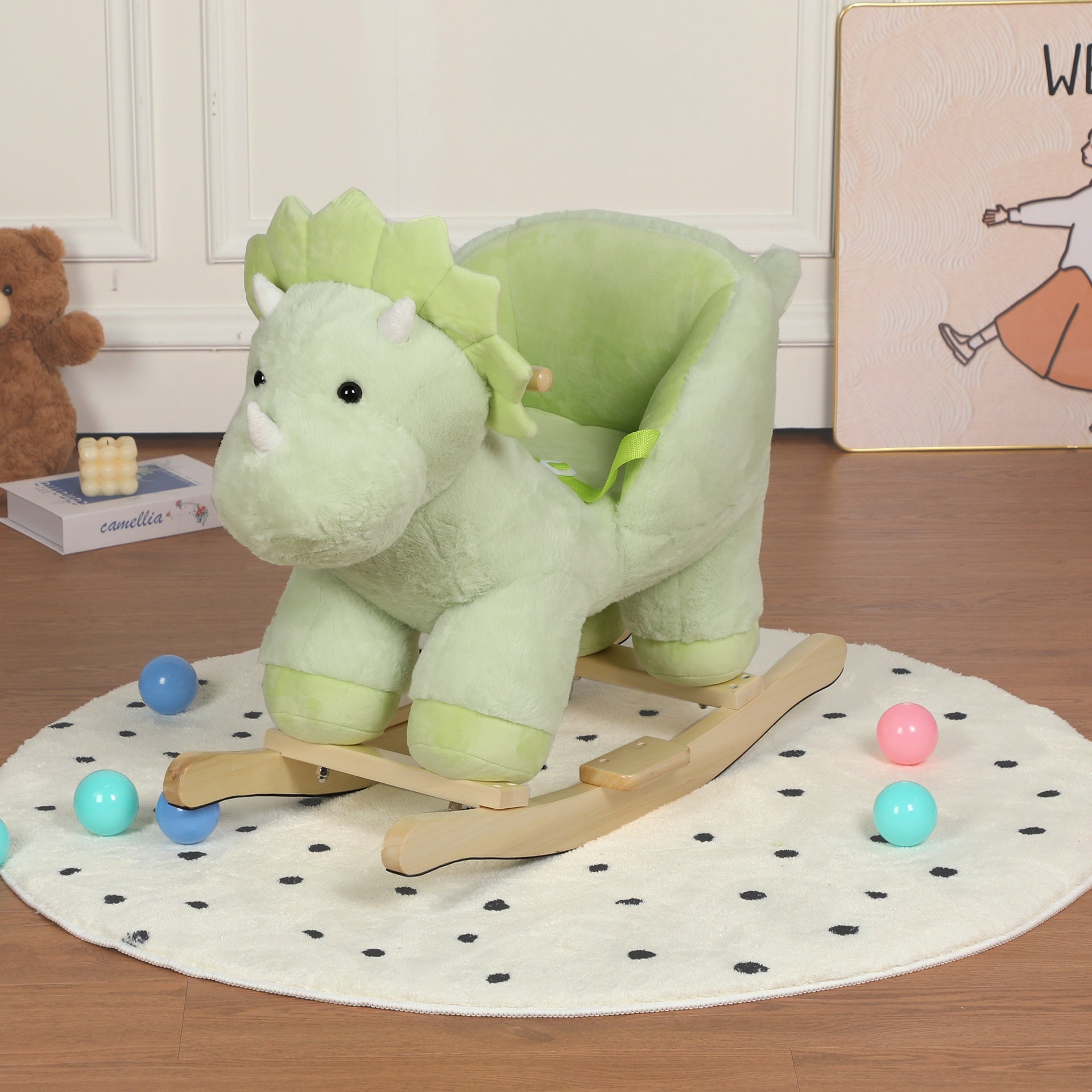 Kids Ride-On Rocking Horse Toy with Lullaby Song,Dinosaur Rocking Toy with Hand Puppets and Safety Belt For Children 1-3 Years,  Soft Plush Fabric ,Green,CPC Certified