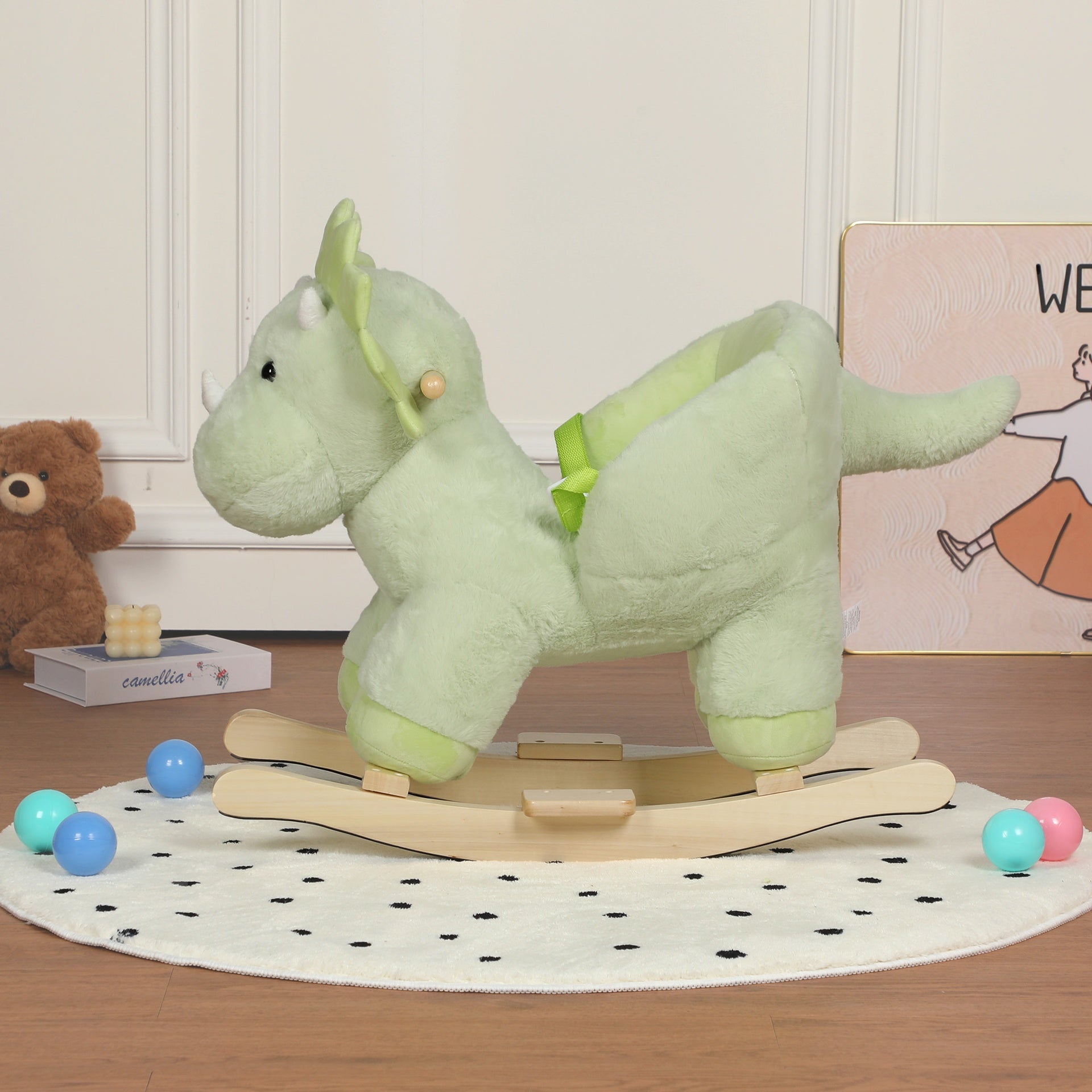 Kids Ride-On Rocking Horse Toy with Lullaby Song,Dinosaur Rocking Toy with Hand Puppets and Safety Belt For Children 1-3 Years,  Soft Plush Fabric ,Green,CPC Certified