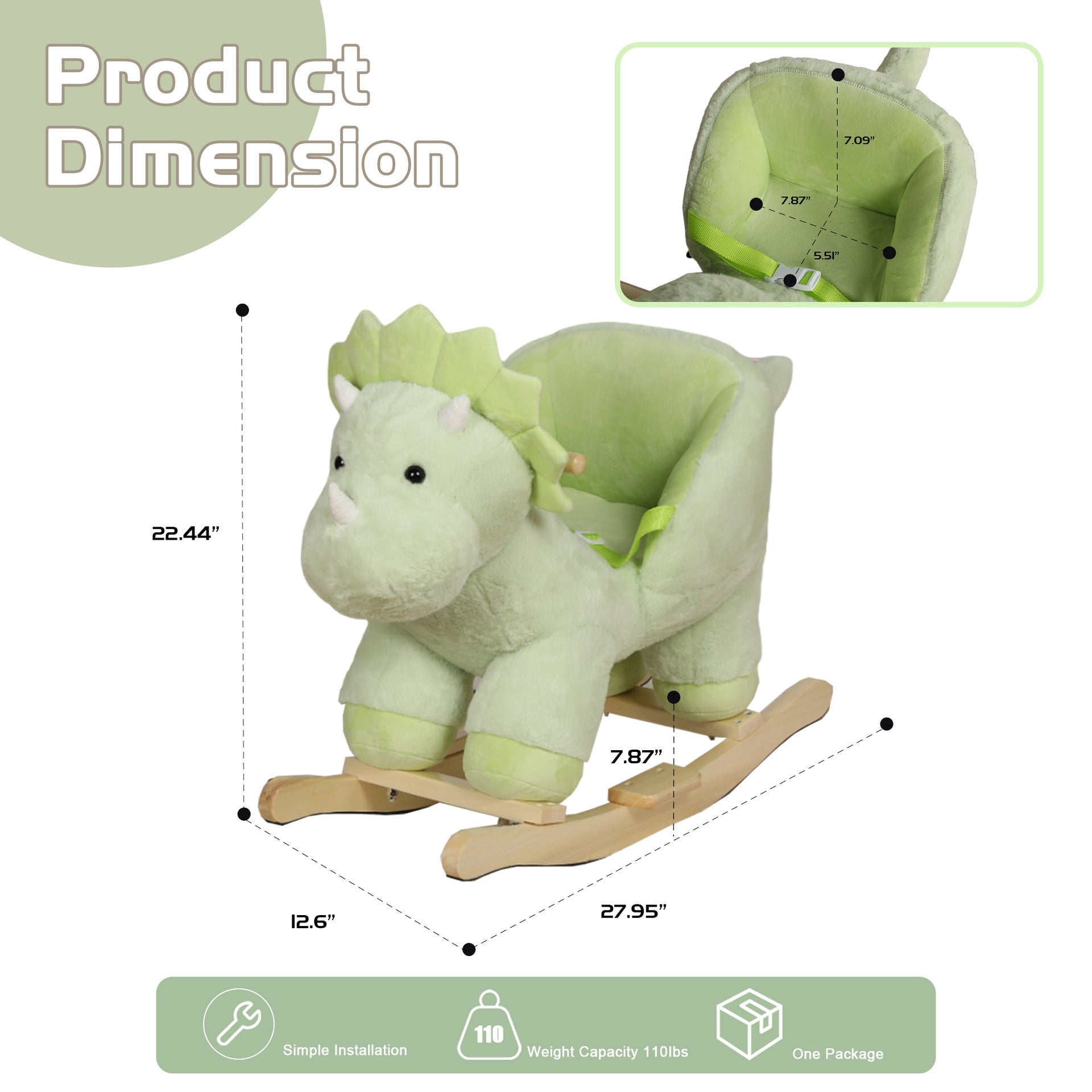 Kids Ride-On Rocking Horse Toy with Lullaby Song,Dinosaur Rocking Toy with Hand Puppets and Safety Belt For Children 1-3 Years,  Soft Plush Fabric ,Green,CPC Certified