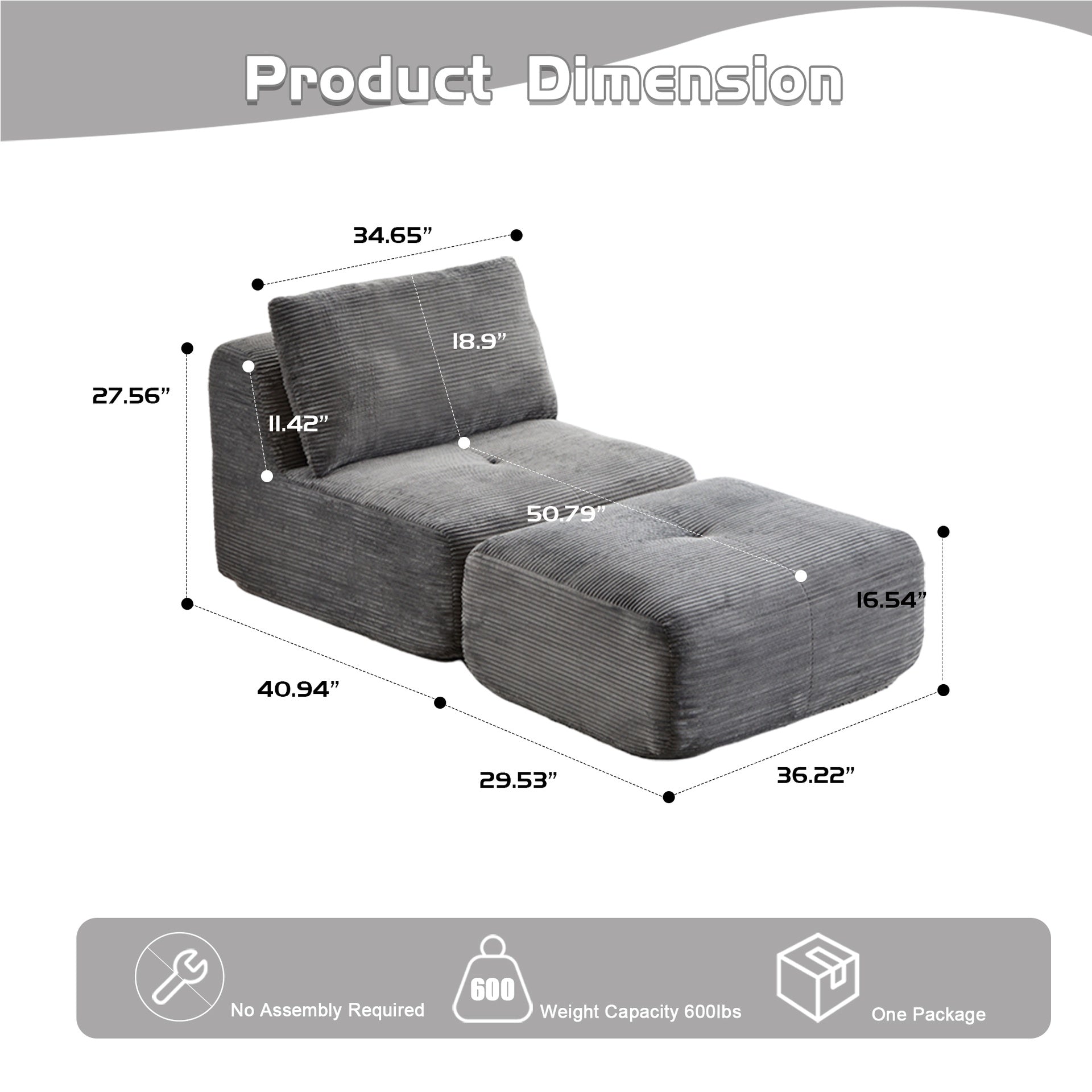 Modern Memory Foam Compressed Sofa,Single Chaise Longue for Living Room,Pet-Friendly Cloud Modular Sectional Sofa,Corduroy Fabric,Movable Ottoman,No Assembly required,Grey