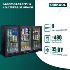 ORIKOOL Beverage Refrigerators Cooler  53 inch 3 Glass Door Back Bar, 480 Cans Commercial Display Bar Fridge for Beer Wine and Drink 11.3 Cu.Ft
