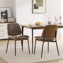 Dining Chairs Set of 2 Mid Century Modern Retro Faux Leather Chair with Walnut Bentwood Back Upholstered Seat Metal Legs Adjustable Foot for Kitchen Dining Room Chairs(Brown PU),SW1849BR