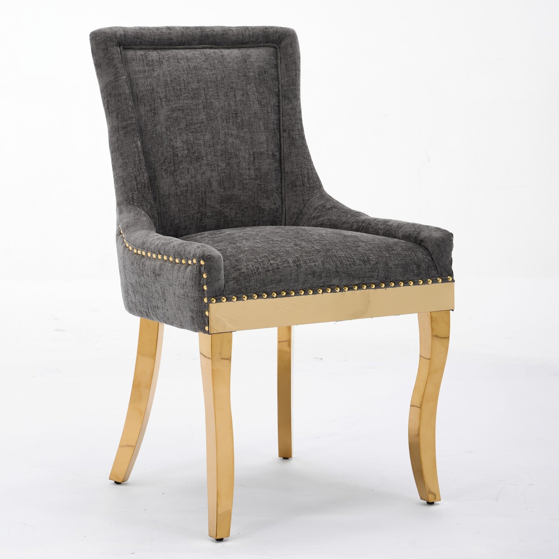 Chenille Dining Chairs, Modern Style with Curved Gold - Plated Legs & Rivet Trim, Upholstered Comfort for Dining/Lounge, Accent Seating with Textured Fabric & One - Piece Structure, Gray,Set of 2