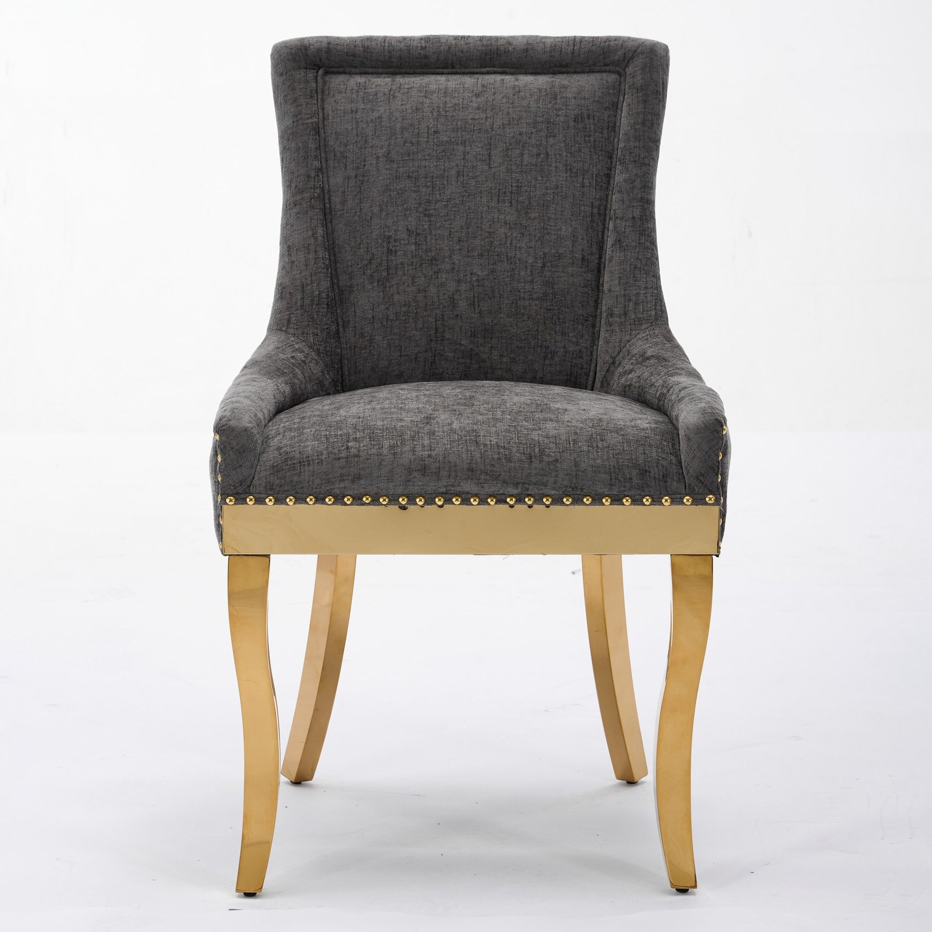 Chenille Dining Chairs, Modern Style with Curved Gold - Plated Legs & Rivet Trim, Upholstered Comfort for Dining/Lounge, Accent Seating with Textured Fabric & One - Piece Structure, Gray,Set of 2
