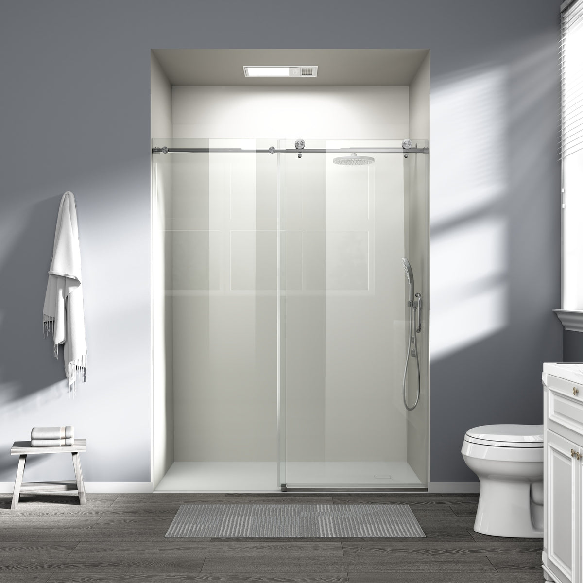 56" - 60" W x 76" H Single Sliding Shower Door, Frameless Bathroom Sliding Door with 1/4" (6mm) Tempered Glass for Walk-in Shower, Brushed Nickel CM-25D06-60BNX