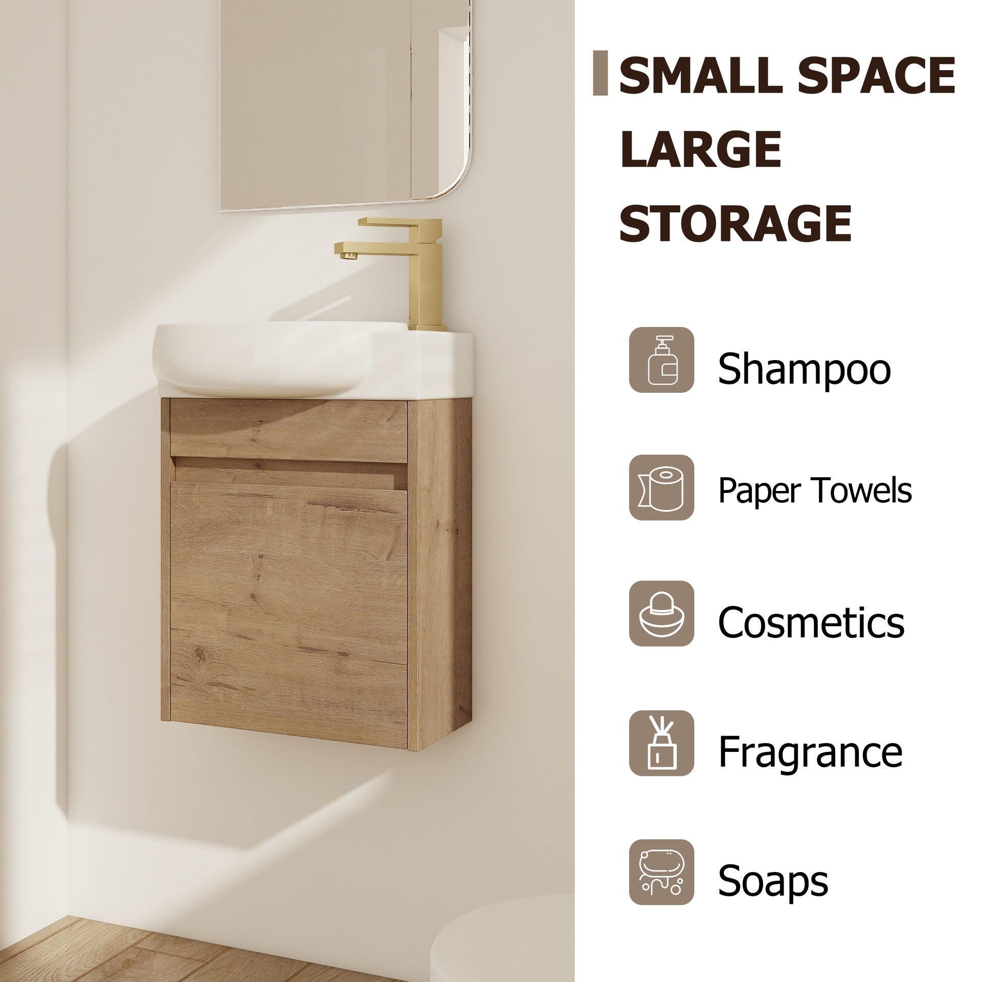 Soft Close Doors Bathroom Vanity With Sink and Storage Rack,16 Inch  For Small Bathroom