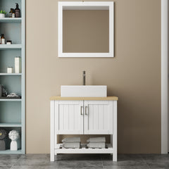 32" Bathroom Vanity with Sink,Single Bathroom Vanities Cabinet with Doors and Open Shelf,Solid Wood Small Vanity with Sink Set and Mirror,for Bathroom,White+Natural