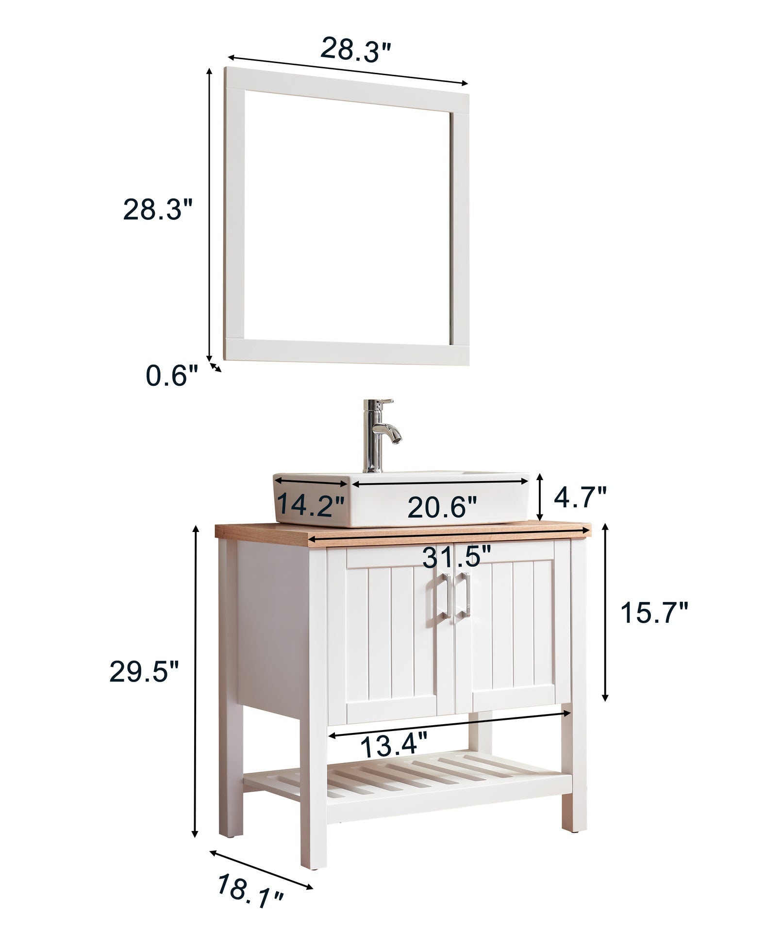32" Bathroom Vanity with Sink,Single Bathroom Vanities Cabinet with Doors and Open Shelf,Solid Wood Small Vanity with Sink Set and Mirror,for Bathroom,White+Natural