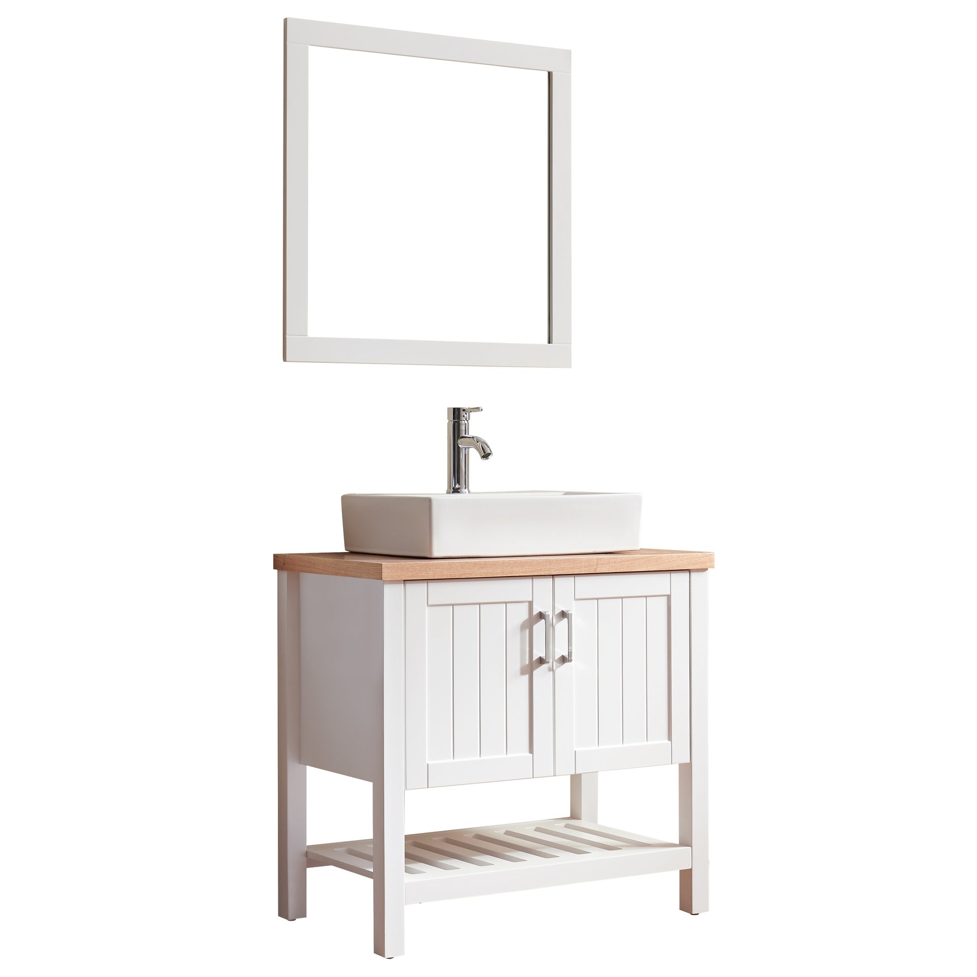 32" Bathroom Vanity with Sink,Single Bathroom Vanities Cabinet with Doors and Open Shelf,Solid Wood Small Vanity with Sink Set and Mirror,for Bathroom,White+Natural