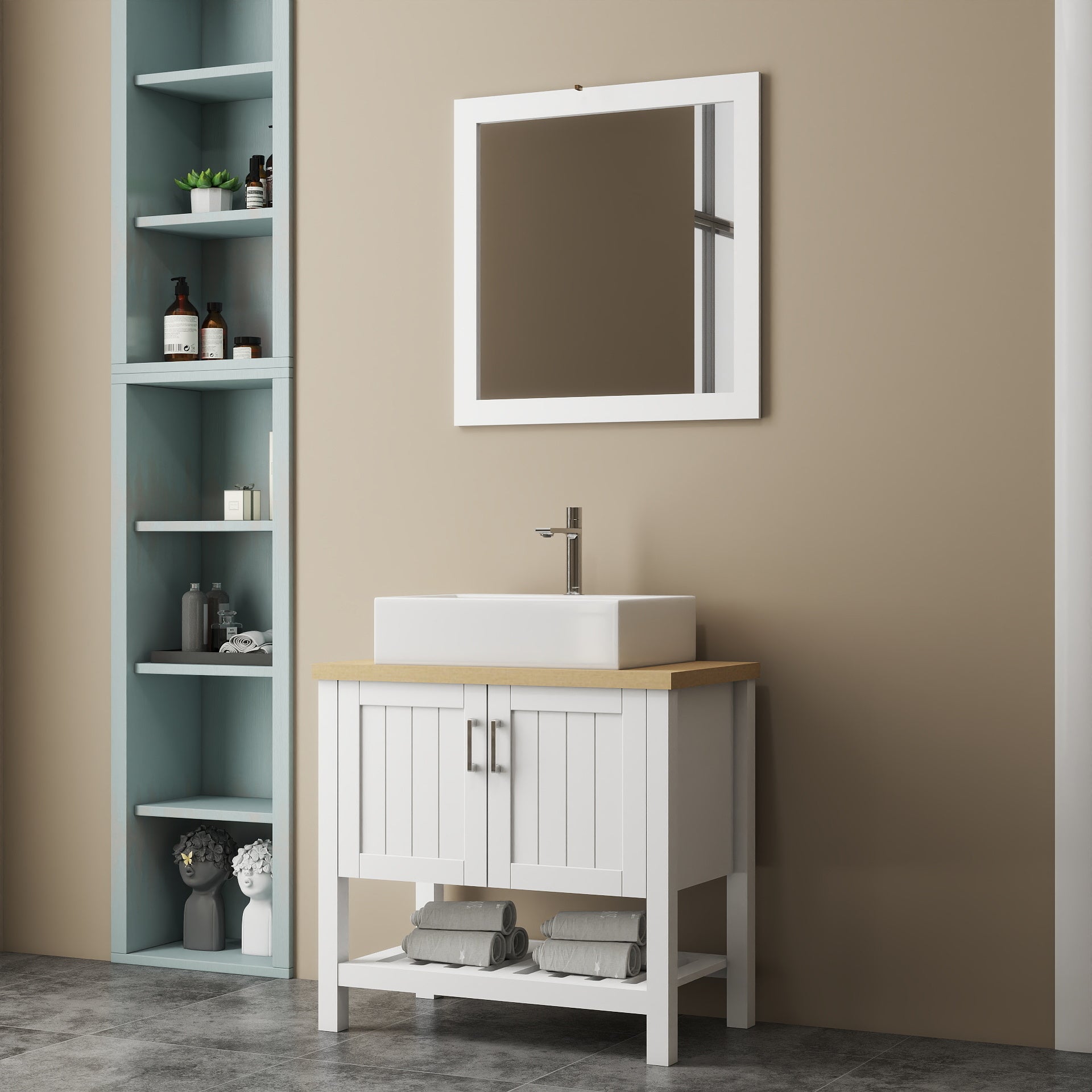 32" Bathroom Vanity with Sink,Single Bathroom Vanities Cabinet with Doors and Open Shelf,Solid Wood Small Vanity with Sink Set and Mirror,for Bathroom,White+Natural