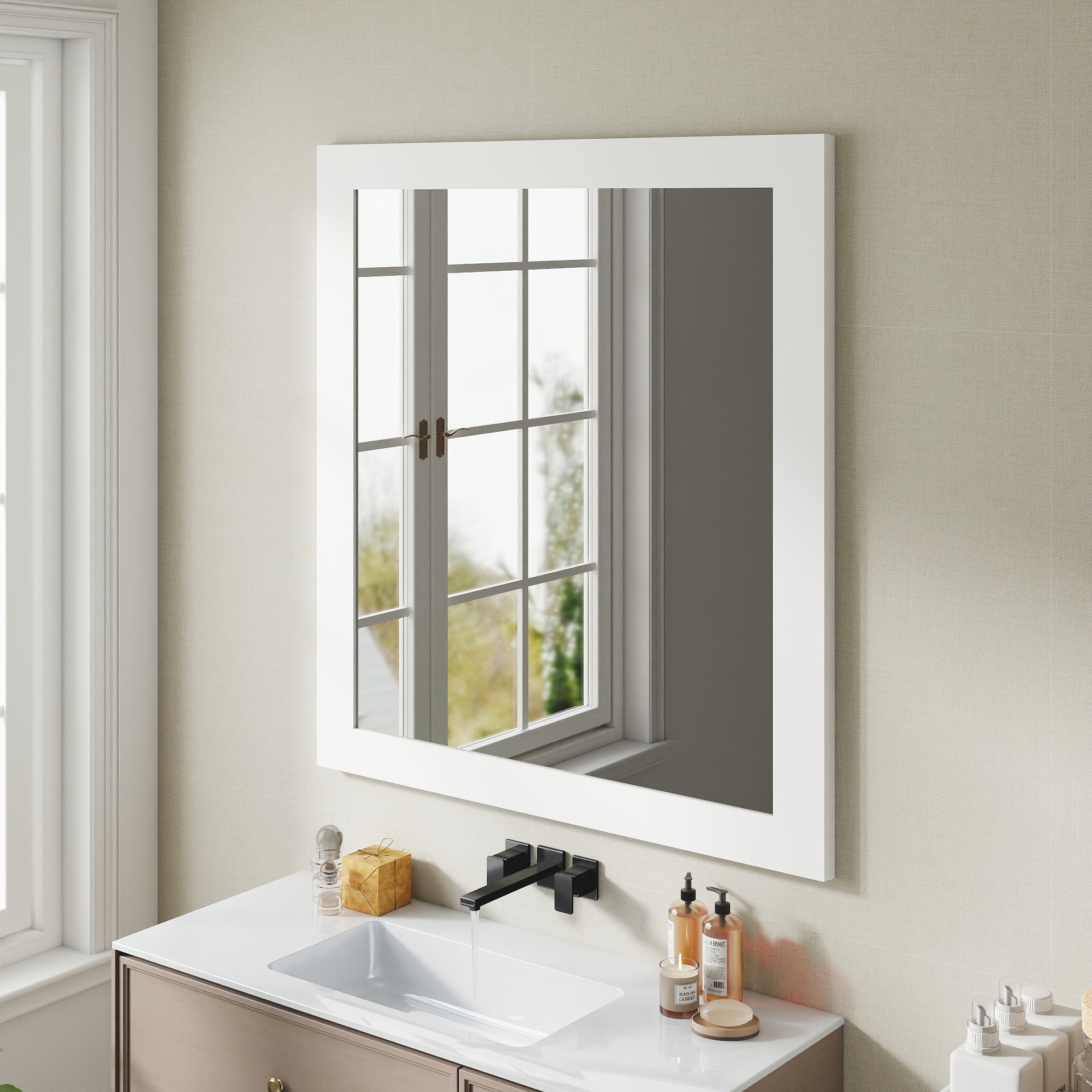 Revitalize Your Bathroom with This Exquisite 32-inch Square Matte White Mirror!