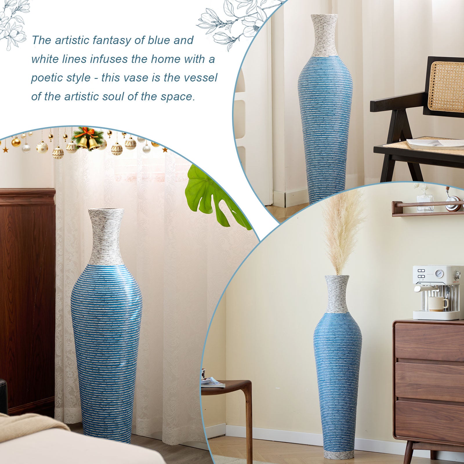 Hand-Woven PVC Rattan Floor Vase, 39 Inch Tall Blue and White Striped Decorative Vase, Farmhouse Coastal Style Vase for Living Room Entryway Decor (5.5in Diameter)