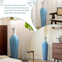 Hand-Woven PVC Rattan Floor Vase, 39 Inch Tall Blue and White Striped Decorative Vase, Farmhouse Coastal Style Vase for Living Room Entryway Decor (5.5in Diameter)