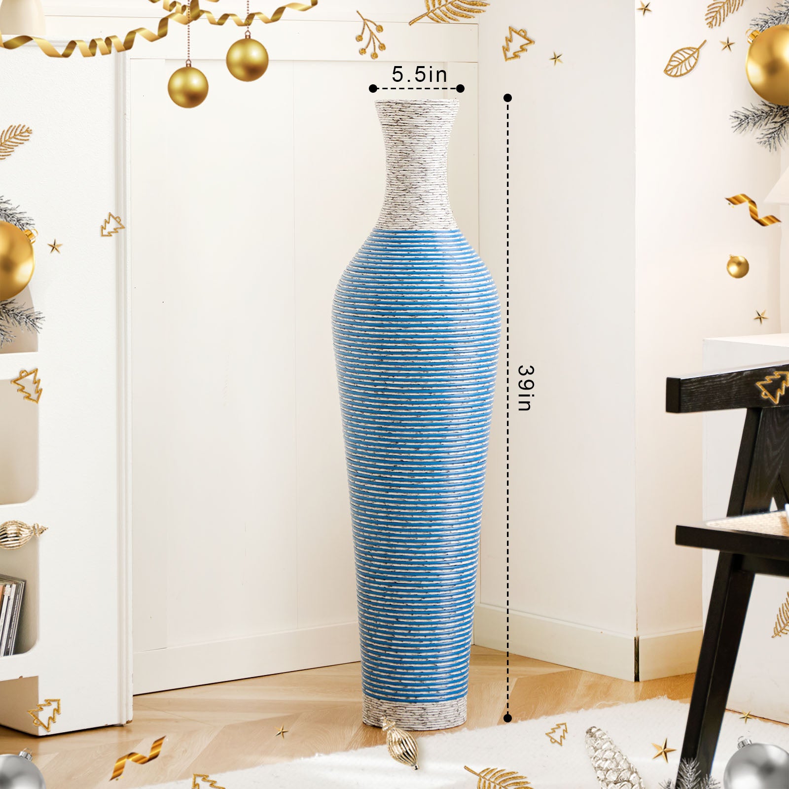 Hand-Woven PVC Rattan Floor Vase, 39 Inch Tall Blue and White Striped Decorative Vase, Farmhouse Coastal Style Vase for Living Room Entryway Decor (5.5in Diameter)