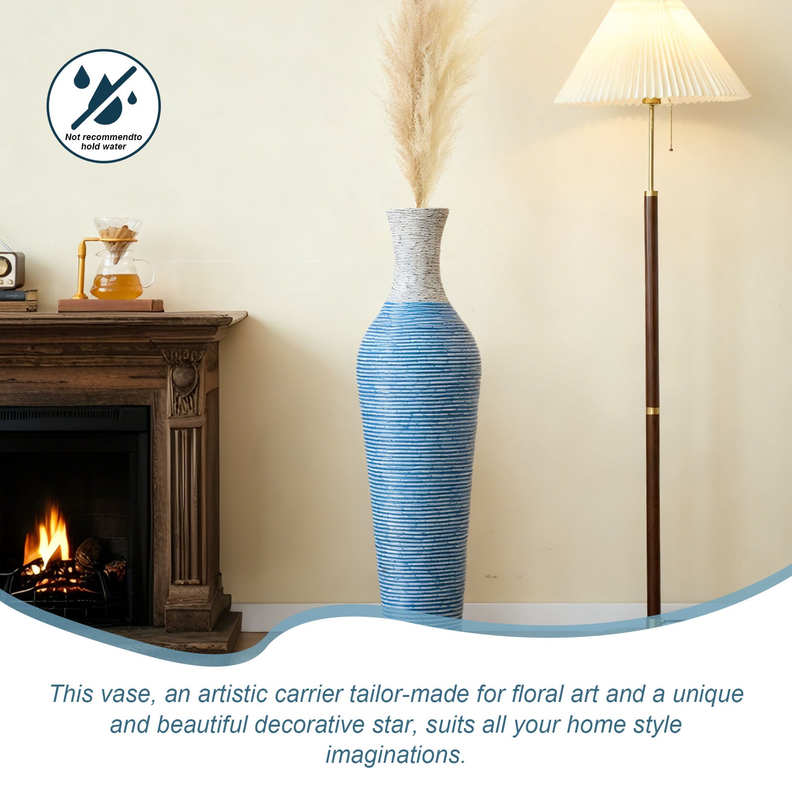Hand-Woven PVC Rattan Floor Vase, 39 Inch Tall Blue and White Striped Decorative Vase, Farmhouse Coastal Style Vase for Living Room Entryway Decor (5.5in Diameter)