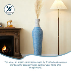 Hand-Woven PVC Rattan Floor Vase, 39 Inch Tall Blue and White Striped Decorative Vase, Farmhouse Coastal Style Vase for Living Room Entryway Decor (5.5in Diameter)