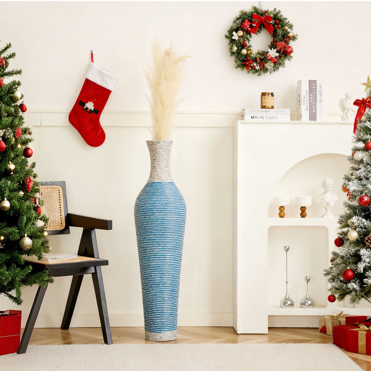 Hand-Woven PVC Rattan Floor Vase, 39 Inch Tall Blue and White Striped Decorative Vase, Farmhouse Coastal Style Vase for Living Room Entryway Decor (5.5in Diameter)