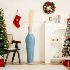 Hand-Woven PVC Rattan Floor Vase, 39 Inch Tall Blue and White Striped Decorative Vase, Farmhouse Coastal Style Vase for Living Room Entryway Decor (5.5in Diameter)
