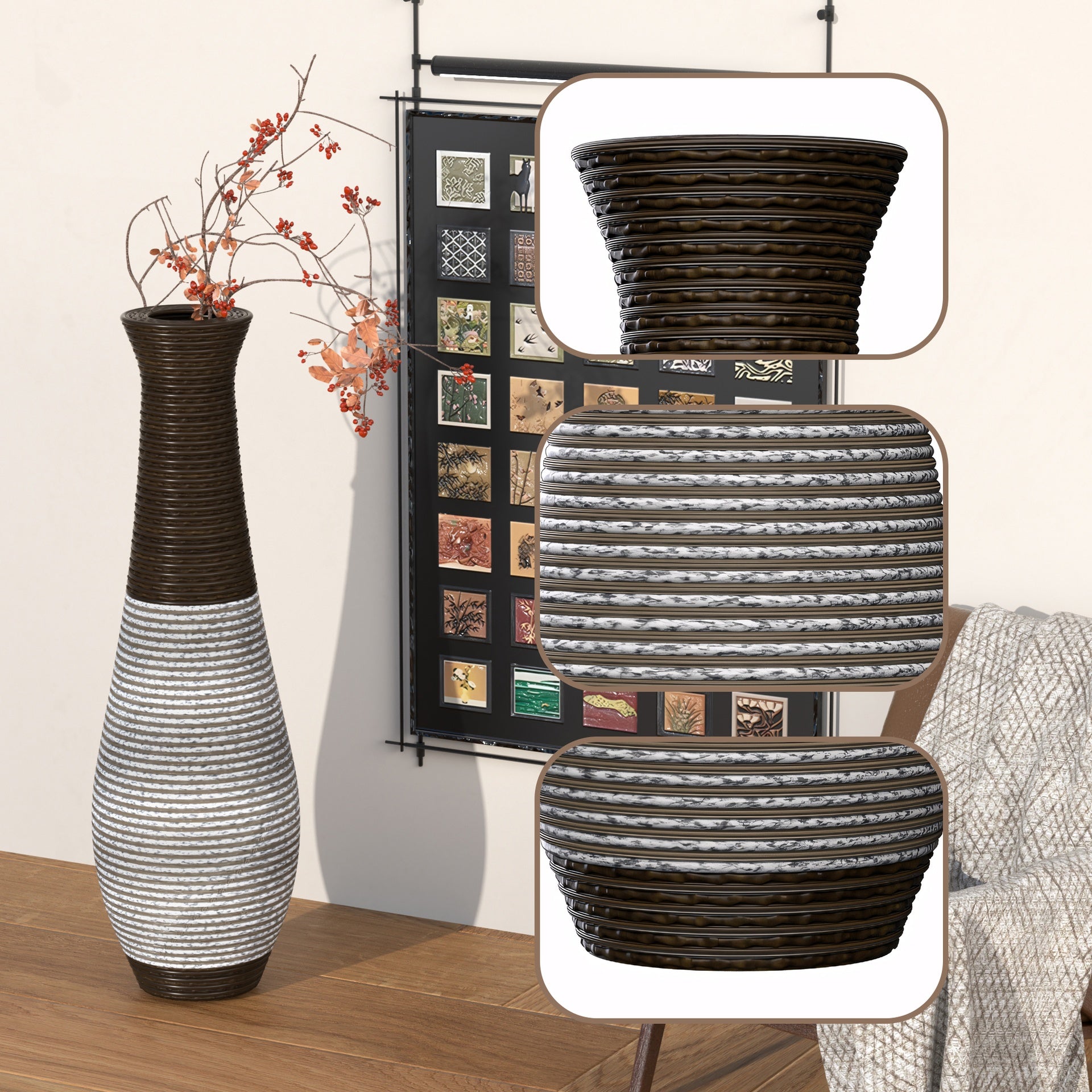 Hand-Woven PVC Rattan Floor Vase, 39.3 Inch Tall Decorative Vase for Home Decor, Brown Two-Tone Farmhouse Vase for Living Room, Bohemian & Coastal Style (5.51in Top, 6.29in Base)