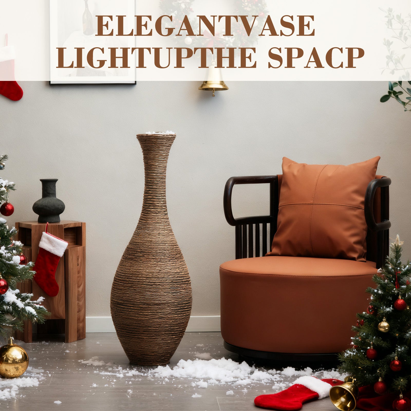 Hand-Woven PVC Rattan Floor Vase, 39.37 Inch Tall Decorative Vase for Home Decor, BeigeGreyTwo-Tone Farmhouse Vase for Living Room, Bohemian & Coastal Style