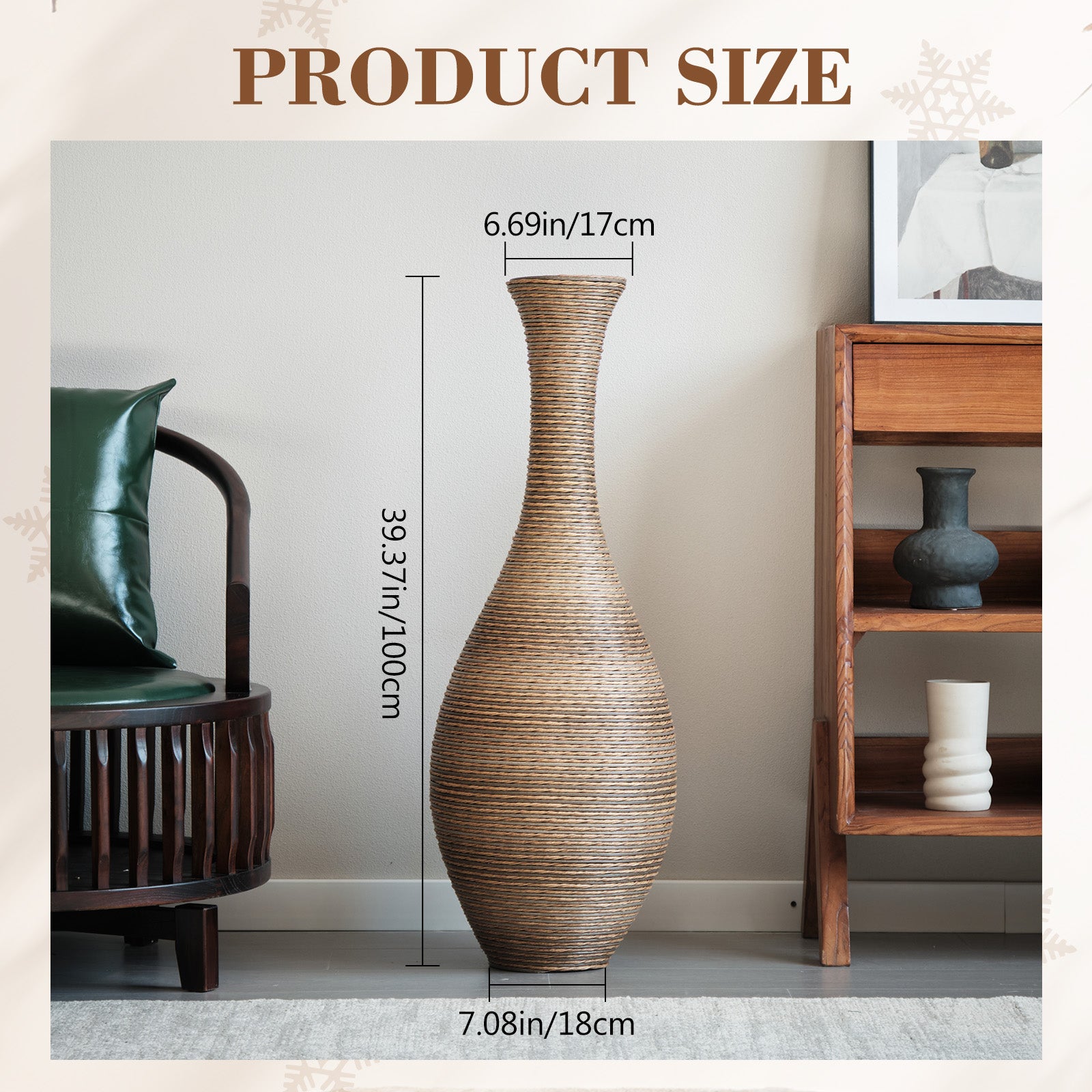 Hand-Woven PVC Rattan Floor Vase, 39.37 Inch Tall Decorative Vase for Home Decor, BeigeGreyTwo-Tone Farmhouse Vase for Living Room, Bohemian & Coastal Style