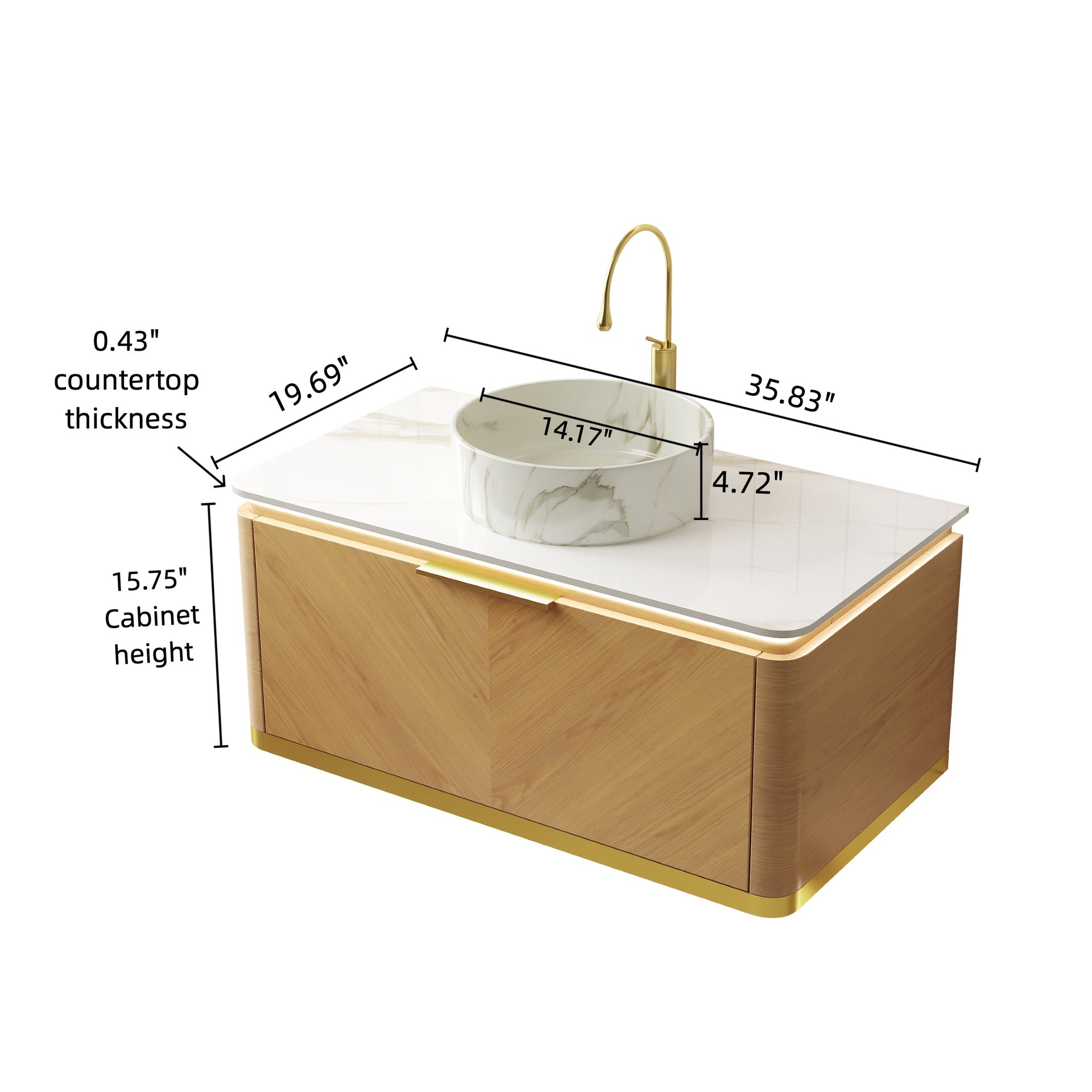 DIPA 36" Bathroom Vanity&Sink, Floating Plywood Storage Cabinet, Drawer with Handle&Sensor Light, Stone Pattern White Ceramic Vessel Basin&Sintered Stone Top, Pre-assembled, Corolla Oak Woodgrain