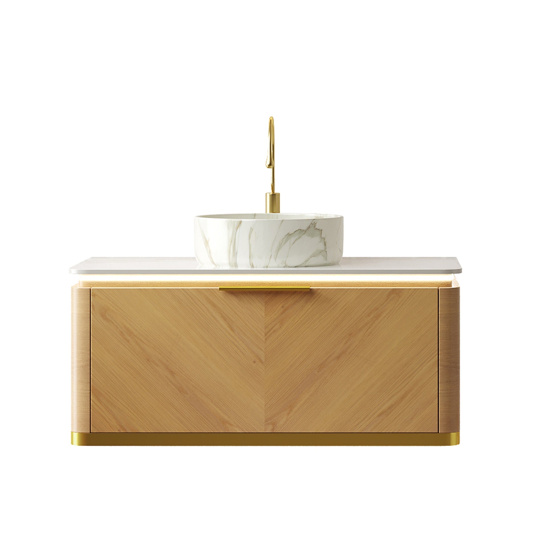 DIPA 36" Bathroom Vanity&Sink, Floating Plywood Storage Cabinet, Drawer with Handle&Sensor Light, Stone Pattern White Ceramic Vessel Basin&Sintered Stone Top, Pre-assembled, Corolla Oak Woodgrain