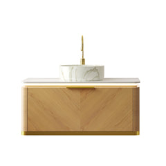 DIPA 36" Bathroom Vanity&Sink, Floating Plywood Storage Cabinet, Drawer with Handle&Sensor Light, Stone Pattern White Ceramic Vessel Basin&Sintered Stone Top, Pre-assembled, Corolla Oak Woodgrain