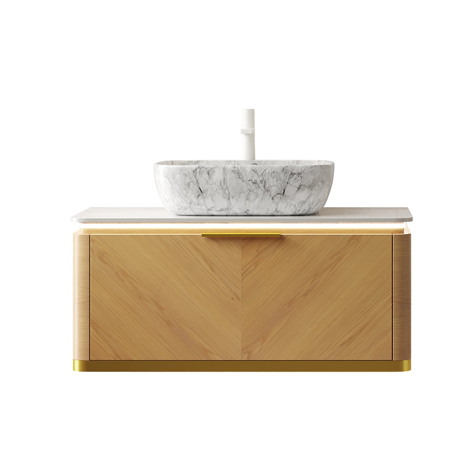 DIPA 36" Bathroom Vanity&Sink, Floating Plywood Storage Cabinet, Twill Drawer with Handle&Sensor Light, Marble Pattern Ceramic Vessel Basin&Sintered Stone Top, Pre-assembled, Corolla Oak Woodgrain