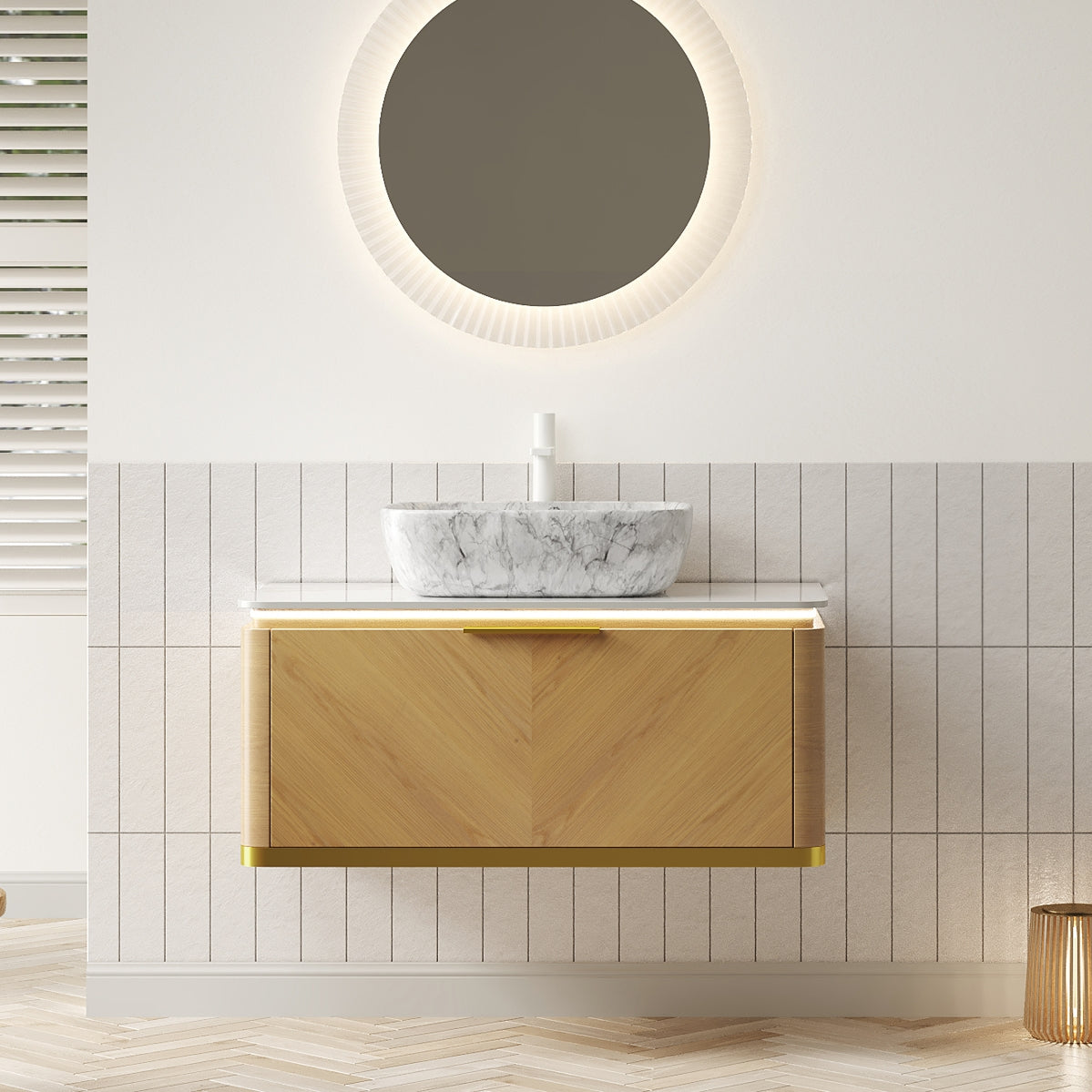DIPA 36" Bathroom Vanity&Sink, Floating Plywood Storage Cabinet, Twill Drawer with Handle&Sensor Light, Marble Pattern Ceramic Vessel Basin&Sintered Stone Top, Pre-assembled, Corolla Oak Woodgrain