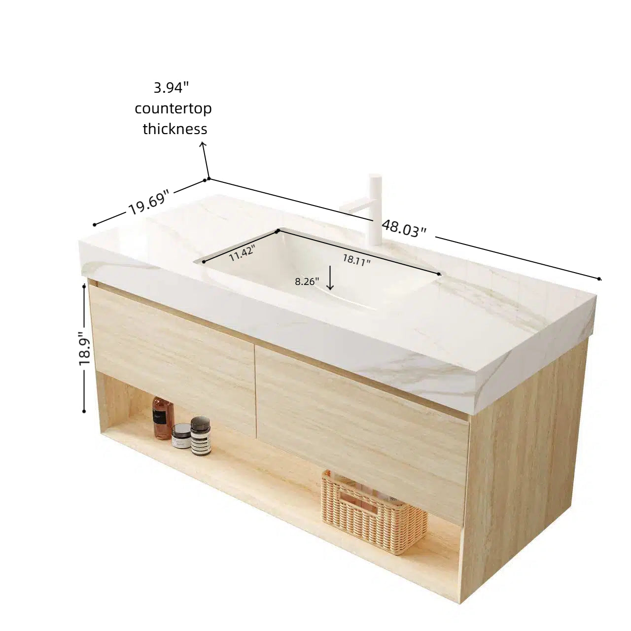 FRIGGA 48" Bathroom Vanity&Sink, Floating Plywood Storage Cabinet, Drawers&Shelf with Sensor Light, Ceramic Undermount Basin&Calacatta Gold Sintered Stone Top, Pre-assembled, Travertine Texture Finish