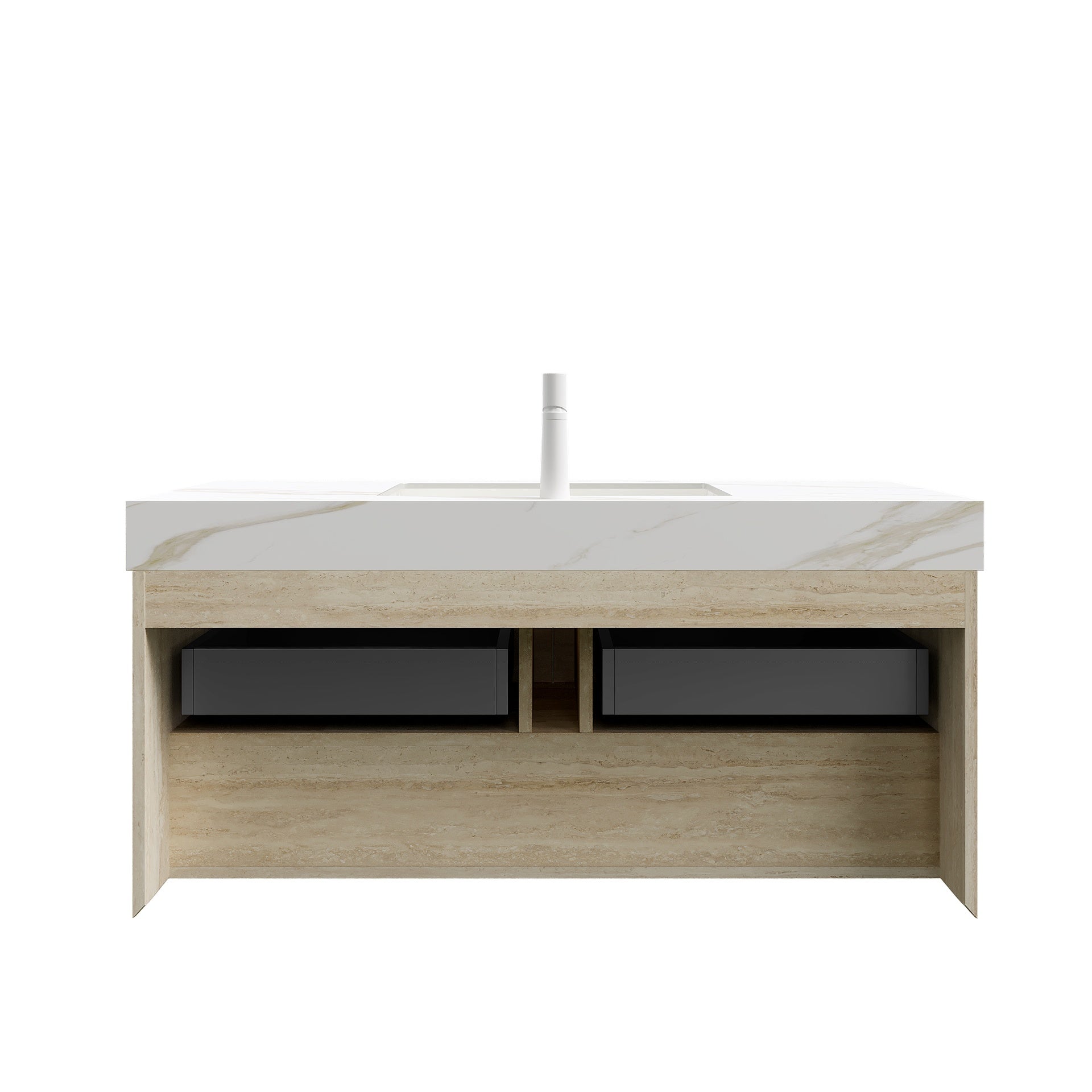 FRIGGA 48" Bathroom Vanity&Sink, Floating Plywood Storage Cabinet, Drawers&Shelf with Sensor Light, Ceramic Undermount Basin&Calacatta Gold Sintered Stone Top, Pre-assembled, Travertine Texture Finish